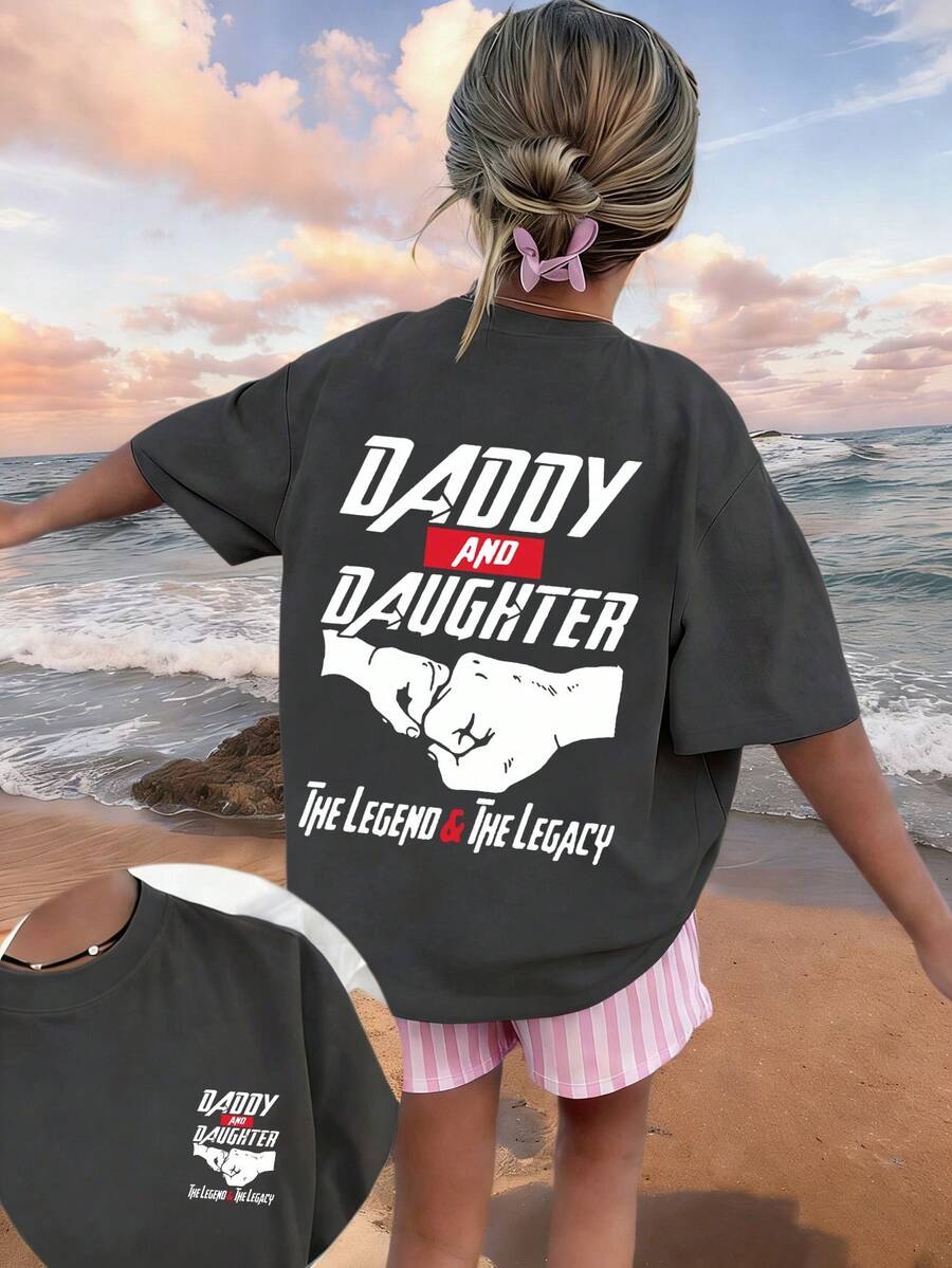 Tween Girl "Daddy And Daughter..." Slogan Print T-Shirt, Casual Versatile Top, Fashionable Girls Summer Blouse - Dark Grey - View 1