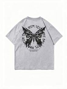 Krometka 男士休闲百搭蝴蝶及英文标语印花短袖T恤，春夏款 - 灰色 - 查看 6