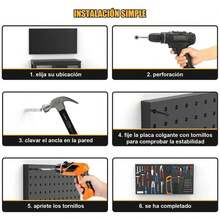 4 paneles de metal perforados para pared, garaje, herramientas de utilidad, almacenamiento, banco de trabajo, taller, tableros organizadores de herramientas modulares (paquete de 4, negro) con 24 ganchos. - Negro - Ver 8