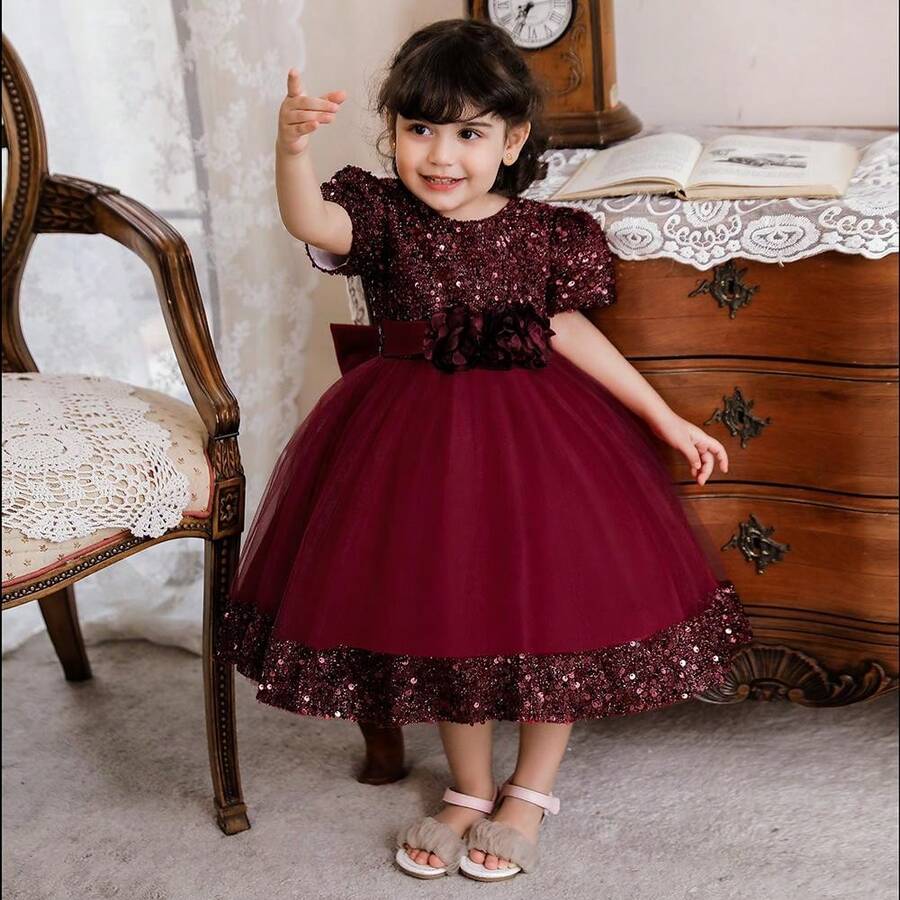 Pink Kids Clothes 2116 Big Bow 3D Flower Girls Frock Tulle Sequins Ball Gown Pageant Children Elegant Princess Prom Host Formal Evening Party Cocktail Dress 0-4Y - 紫紅色 - 查看 1