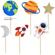 24 件飞机、地图、宇航员、地球、星星、月亮蛋糕装饰，婴儿太空主题派对蛋糕装饰 - 彩色 - 查看 5