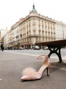 女士欧美风新款法式尖头高跟鞋，毛绒细跟镂空搭扣高跟鞋，性感仙女风高跟鞋 - 粉色 - 查看 2