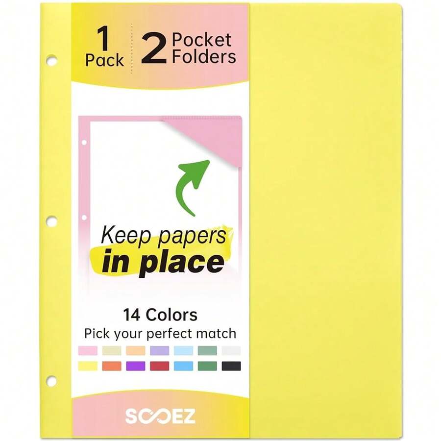 Sooez 2-Pocket Folders, Plastic Folders With Pockets 3 Hole Punched, 1 Pack Pockets Folder For 3 Ring Binder With Labels, Heavy Duty Binder Folder For Document, Letter Size File Folder,Yellow - Yellow - View 1
