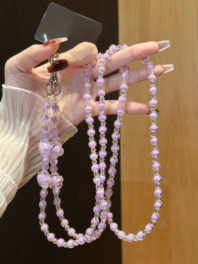 1 件紫色珠子/花朵装饰斜长项链，适合手机、包包