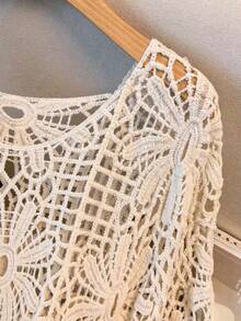 Jumpers For Women Women's Floral Openwork Round Neck Batwing Sleeve Loose Knit Top, A Knit Pullover For Spring, Summer And Autumn, Suitable For Beach Vacations And Travel - Apricot - View 3