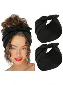 Plain    Polyester    Knot    1pcs Black Bow Design Extra Wide Headbands, Women Non-Slip Headwraps, Hair Accessories Turban For Workout, Made Of Polyester Fiber, Hairband - 黑色 - 查看 12