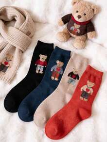 3 pares de calcetines de media caña con oso aleatorio, calcetines largos gruesos de dibujos animados dulces, calcetines holgados de estilo japonés - Multicolor - Ver 5