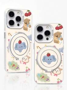 1pc Cute Cartoon Elephant Pattern Full Coverage Yellow Plated Phone Case With Finger Ring Holder Metal Stand, Compatible With IPhone 11/12/13/14/15/16/17/Pro Max - Yellow - View 3