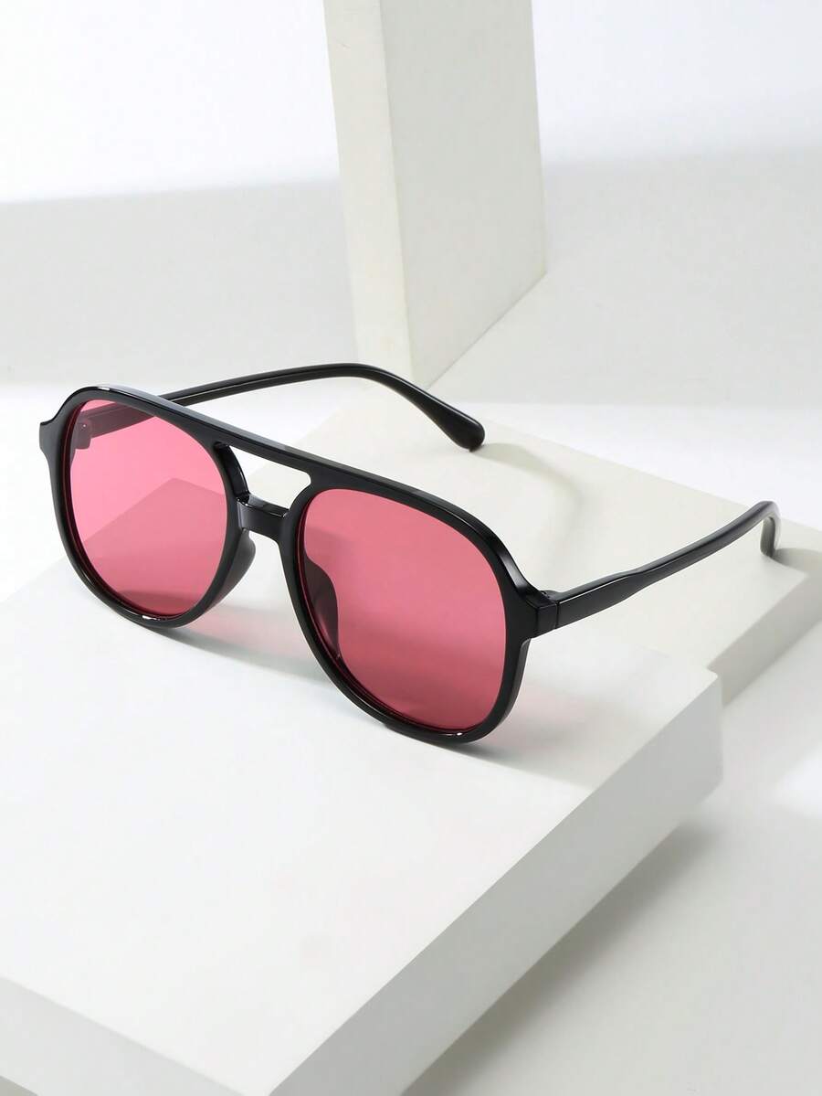 1pc Unisex Double Bridge Large Frame High Quality Minimalist Fashion Glasses, Suitable For Travel, Vacation, Casual, Party, And Daily Wear - Black Frame Red Film - View 1