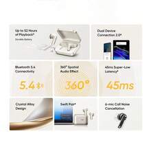 Realme Buds Air 7，蓝牙耳机/入耳式耳机，52 小时待机，12.4mm 深低音驱动单元，52dB 智能主动降噪，长达 52 小时播放时间，Hi-Res Audio 认证，LHDC 5.0 高清音频编解码器 - 白金 - 查看 3