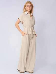 KATCH ME Women's Versatile Collared Rolled-Up Short Sleeve Top & Wide Leg Trousers Co-Ord, Soft Womenswear For Spring & Summer - Beige - View 4