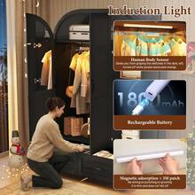 Armoire Wardrobe With Mirror & Lights, 71" Farmhouse Arched Design, Features Hanging Rod & Drawers For Bedroom Storage - 黑色 - 查看 3