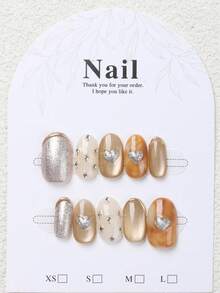 10片椭圆形香槟色闪粉猫眼3D爱心全覆盖手工美甲贴纸，可重复使用，4种尺寸可选，适合女孩/女士、演员、舞台表演、节日、派对、婚礼和日常佩戴 - 香檳色 - 查看 4