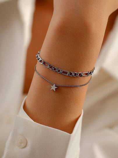 2件套多层银色星星装饰简约手链，独特且适合女孩日常佩戴