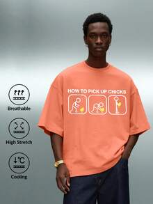 男士休闲时尚街头印花落肩宽松透气短袖T恤，夏季 - 橘色 - 查看 1