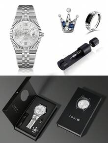 TOMI 男士石英表，配有表冠胸针戒指、不锈钢表带、蜂窝状表盘和日历功能，适合日常生活、商务场合、父亲节、情人节、圣诞节等场合，礼品套装