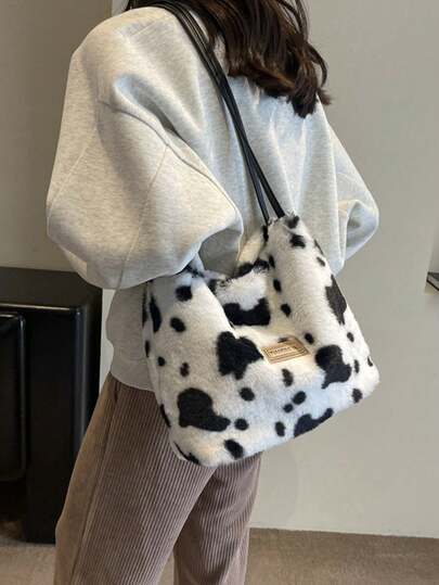 Fashionable Plush Women's Casual Shoulder Bag Tote Bag, Leopard, Cow, Zebra Print Shopping Handbag