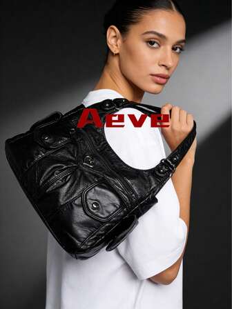 1件女士纯色Y2K复古摇滚风手提包，大容量托特包，带多个拉链口袋，PU双提手便携户外休闲商务多功能单肩包，缝线防盗斜挎包