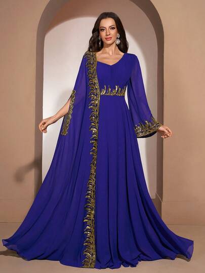 YISIKADO 女士优雅舞会礼服，串珠V领披肩袖长袖，适合生日派对、婚礼宾客、宴会、正式晚宴、毕业典礼、庆典及其他场合。