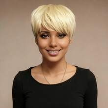 6 Inch Pixie Cut Wig Human Hair For Black Women-Short Blonde Straight Human Hair Wigs With Bangs-Non Lace Full Machine Made Rose Net Cap - S613 - View 4