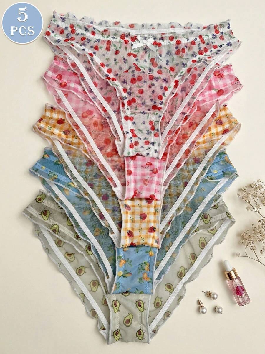 5条装女士网纱内裤，带蝴蝶结和荷叶边装饰，水果图案，半透明，柔软舒适女士内衣 - 彩色 - 查看 1