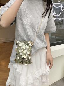 迷你亮片链条单肩包，个性纹理简约斜挎包，优雅手拿包，时尚亮片女士手机包，链条装饰可装手机和零钱，适合购物 - 金色 - 查看 3