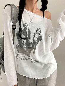 新款印花不对称领长袖女式衬衫 - 白色 - 查看 2