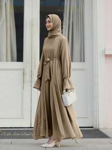 2pcs/Set Chiffon Abaya With Tie Waist Belt And Ruffle/Frill Trim - Khaki - View 5