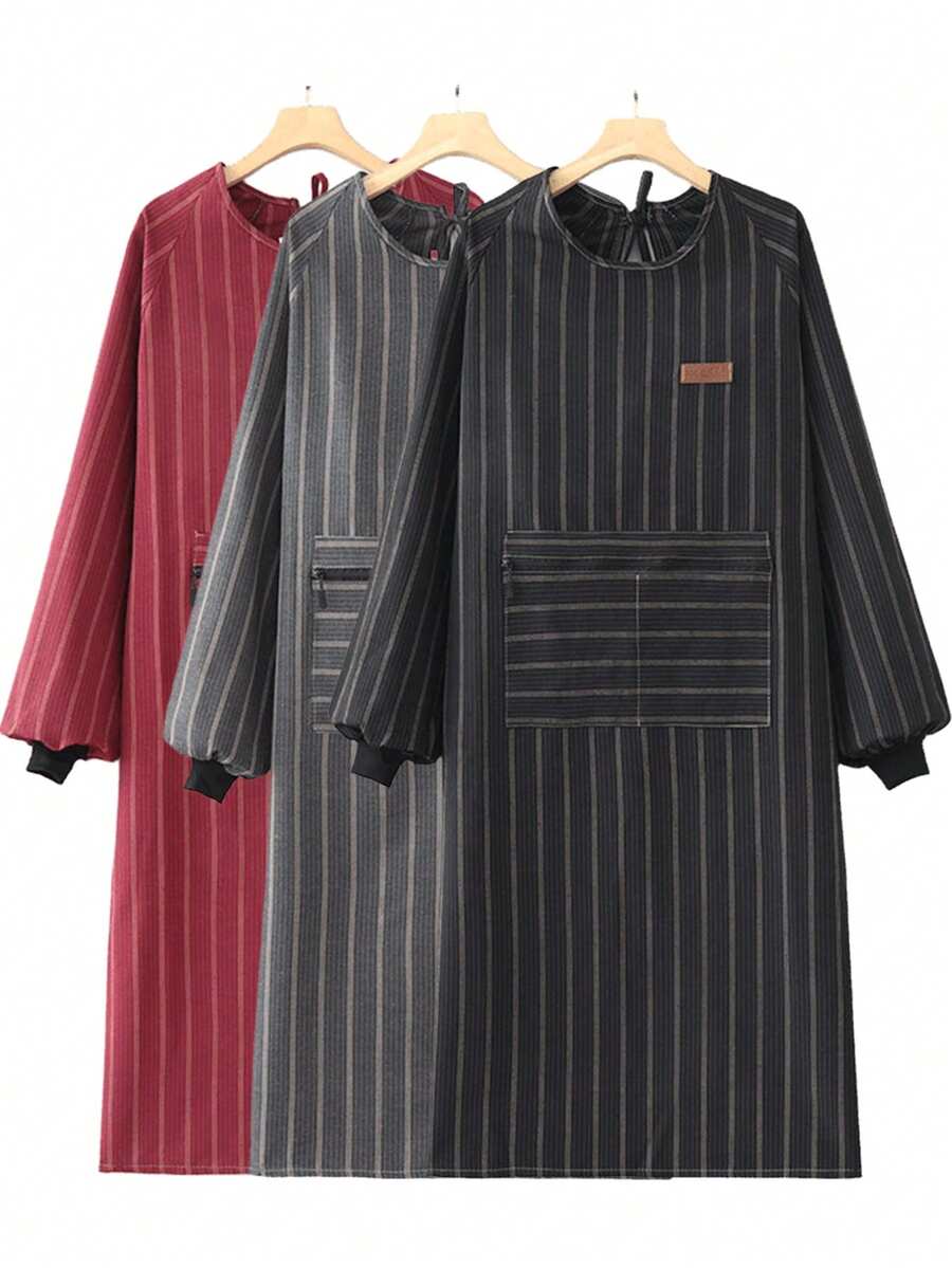 1 chiếc tạp dề dài kẻ sọc cải tiến, có khóa kéo và hai túi, thiết kế chống trượt, kiểu dáng liền thân unisex dành cho nam và nữ, dùng trong nhà bếp, làm việc, tạp dề nấu ăn, tạp dề làm bánh.