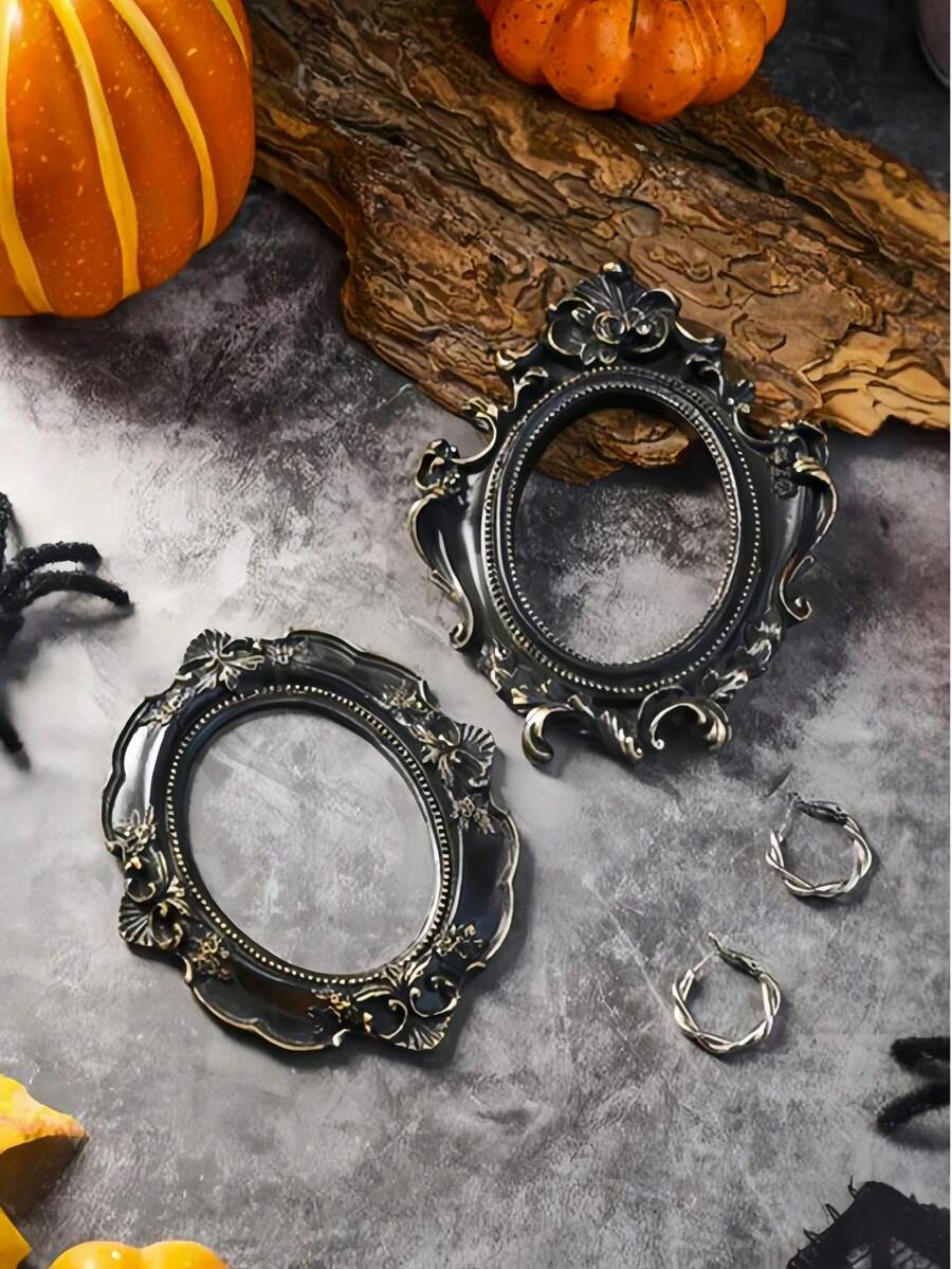 1 قطعة إطار صورة بشكل بيضاوي مصنوع من الراتنج بنمط زهري عتيق باللون الأسود، مناسب للتصوير الفوتوغرافي وديكور المنزل المصغر وديكور عيد الهالوين - متعدد الألوان - مشاهدة 1