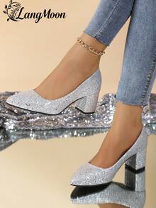 LangMoon 2026 New Arrival Silver Glitter Thick Heel High Heels - Comfortable Versatile Sexy Design, Shiny Sequin Lights Ins Chic European & American Sexy , Suitable For Parties, Gatherings, Nights Out And Casual Stylish Outfits, Premium Soft Insole Non-Cramping Women High Heels, Ideal For Wedding Season And Various Holidays - Silver - View 3