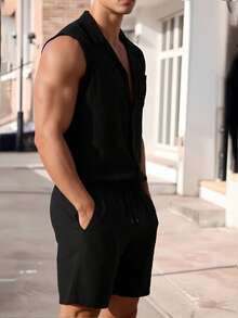 Men's Summer Casual Polo Collar Sleeveless Shirt And Shorts Set - Black - View 5