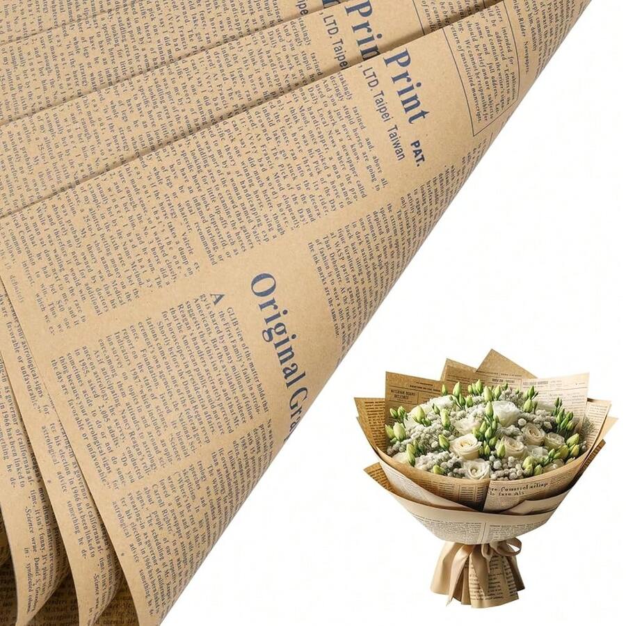 20 Sheets Kraft Newspaper Flower Wrapping Paper, Reversible Floral Bouquet Paper, Blue Font Kraft Newsprint Design For Birthday, Florist Supply, Wedding, Valentine's Day, Mother's Day And DIY - 藍色 - 查看 1