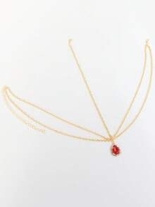 波西米亚风水晶红色水滴吊坠发饰链，新娘婚纱装饰，情人节女士礼物 - 金色 - 查看 3