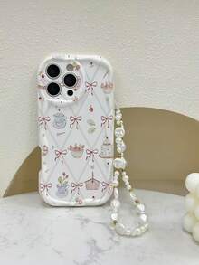 Flower Bow Cream Swirl Wave Edge Glossy Painted Anti-Drop Phone Case With Beaded Bracelet Accessory, Compatible With IPhone, Galaxy, Redmi - Multicolor - View 3