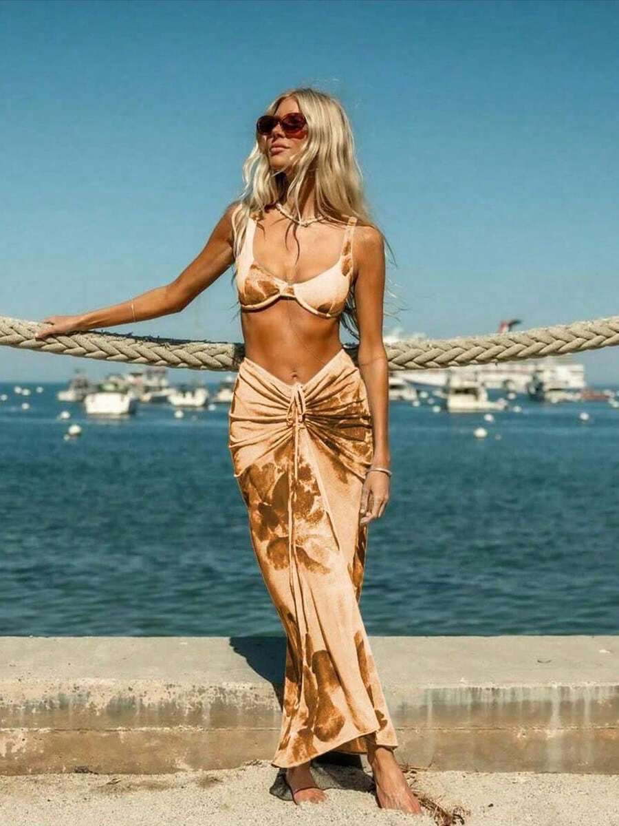 Valentine's Day New Ombre Orange Print Elegant Casual Beach Resort Party Date Halter Maxi Dress Swimsuit Set, Spring/Summer - Multicolor - View 1