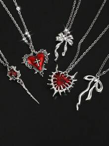 5pcs Y2K Vintage Gothic Punk Rock Style Thorn Heart Cross Rose Bow Ribbon Pendant Necklace Set, Stainless Steel Chain Necklace, Personalized Hip Hop Necklace - Red - View 2