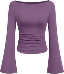 Womens Long Sleeve Shirts 2026 Spring Crop Going Out Tops Casual Boat Neck Sleeve Ribbed Ruched Y2K Clothes - Purple - View 1