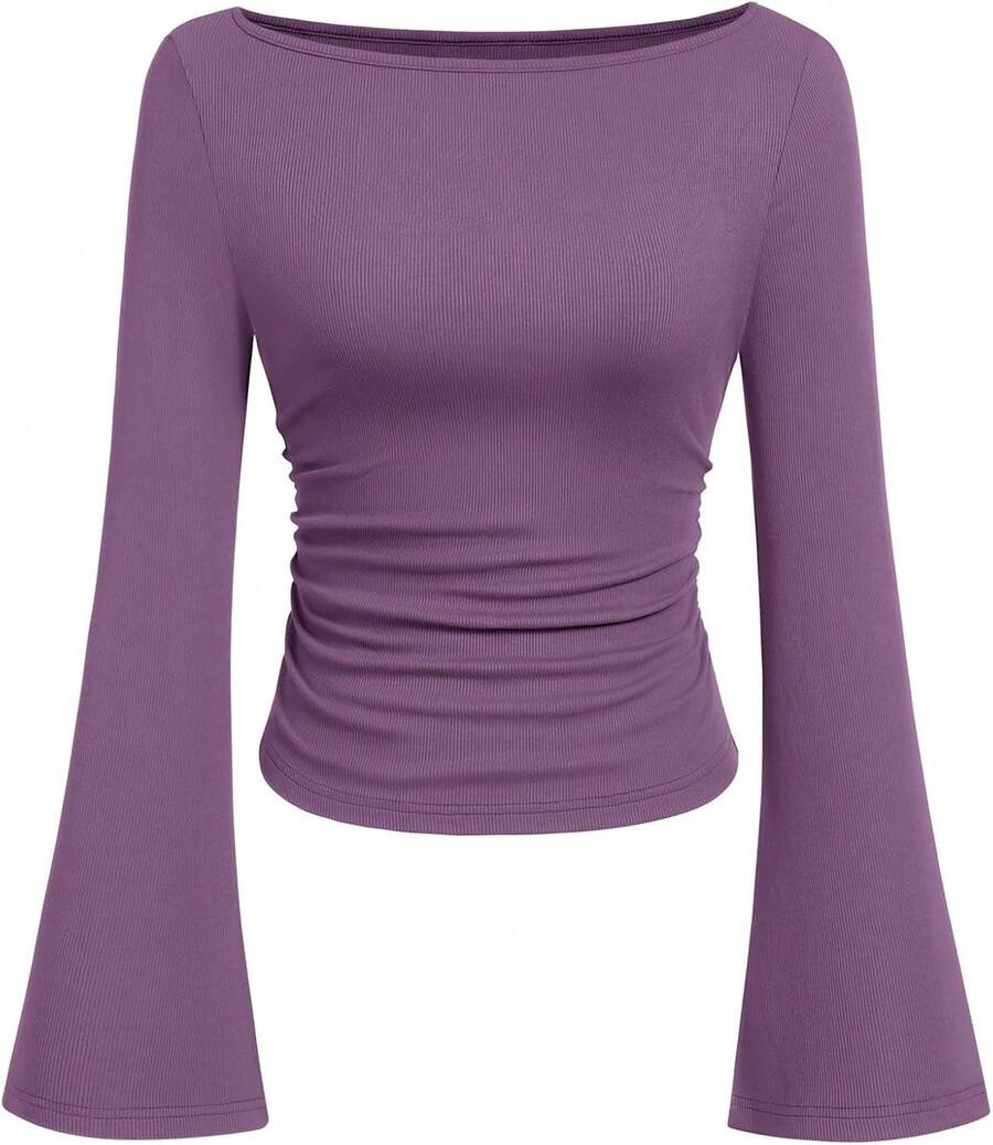 Womens Long Sleeve Shirts 2026 Spring Crop Going Out Tops Casual Boat Neck Sleeve Ribbed Ruched Y2K Clothes - Purple - View 1