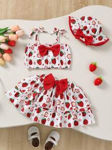 2pcs Baby Girls Cute Fashion 3D Bow Strawberry Flower Heart Print Camisole Top And Layered Tutu Skirt With Hat, Spring/Summer - White - View 3
