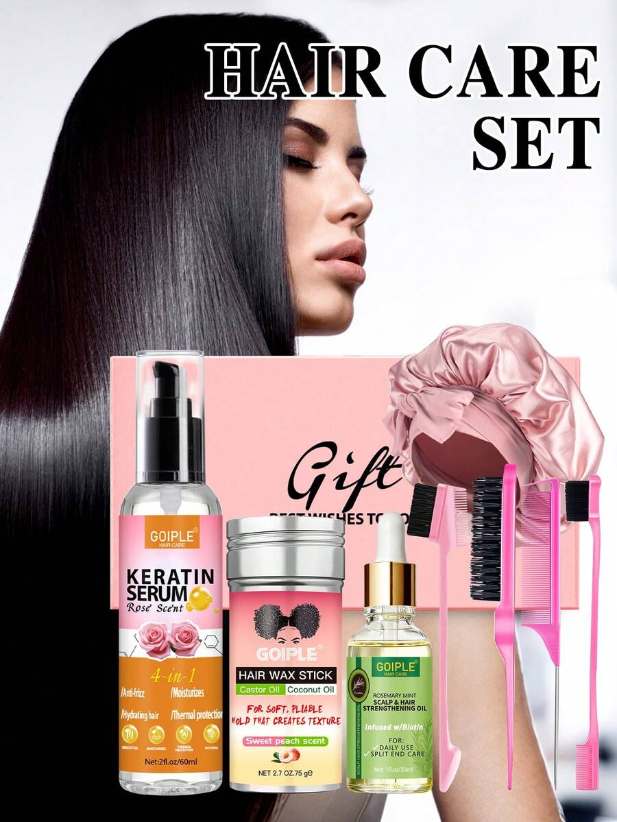 Goiple 8pcs Women's Hair Care Set, Deep Nourishing, Heat Protection, Shine Enhancing, Split End Prevention, Hair Revitalizing & Nourishing, Includes Collagen Keratin Serum, Rosemary Essential Oil, Hair Wax Stick, Sleep Cap, Comb - Perfect Gift For Birthday And Valentine's Day - 粉色 - 查看 1