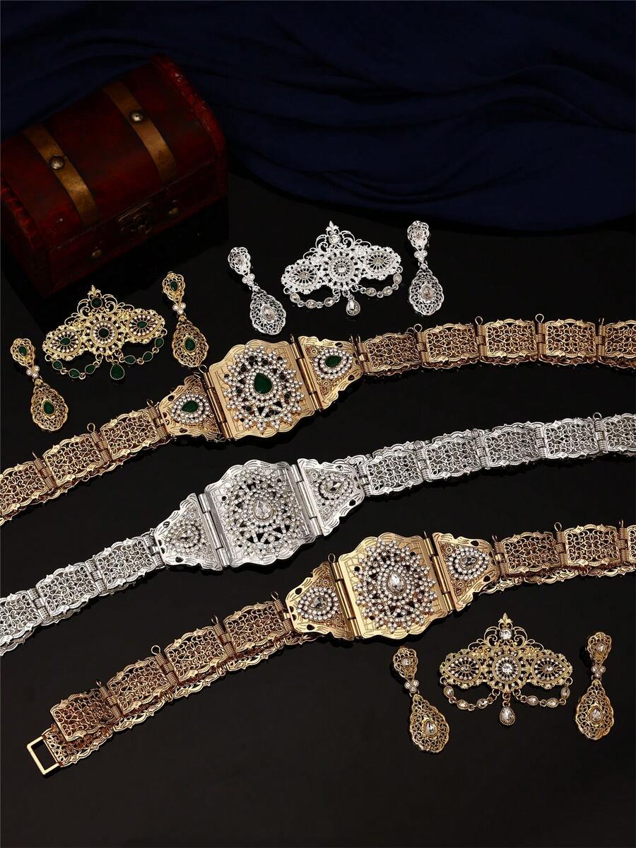 一套复古宫廷风格女士腰带、胸针、耳环首饰套装，锌合金材质，镂空雕刻水滴形镶嵌水钻，摩洛哥风格婚礼派对首饰套装，包含腰链、胸针、耳环。 - 彩色 - 查看 1