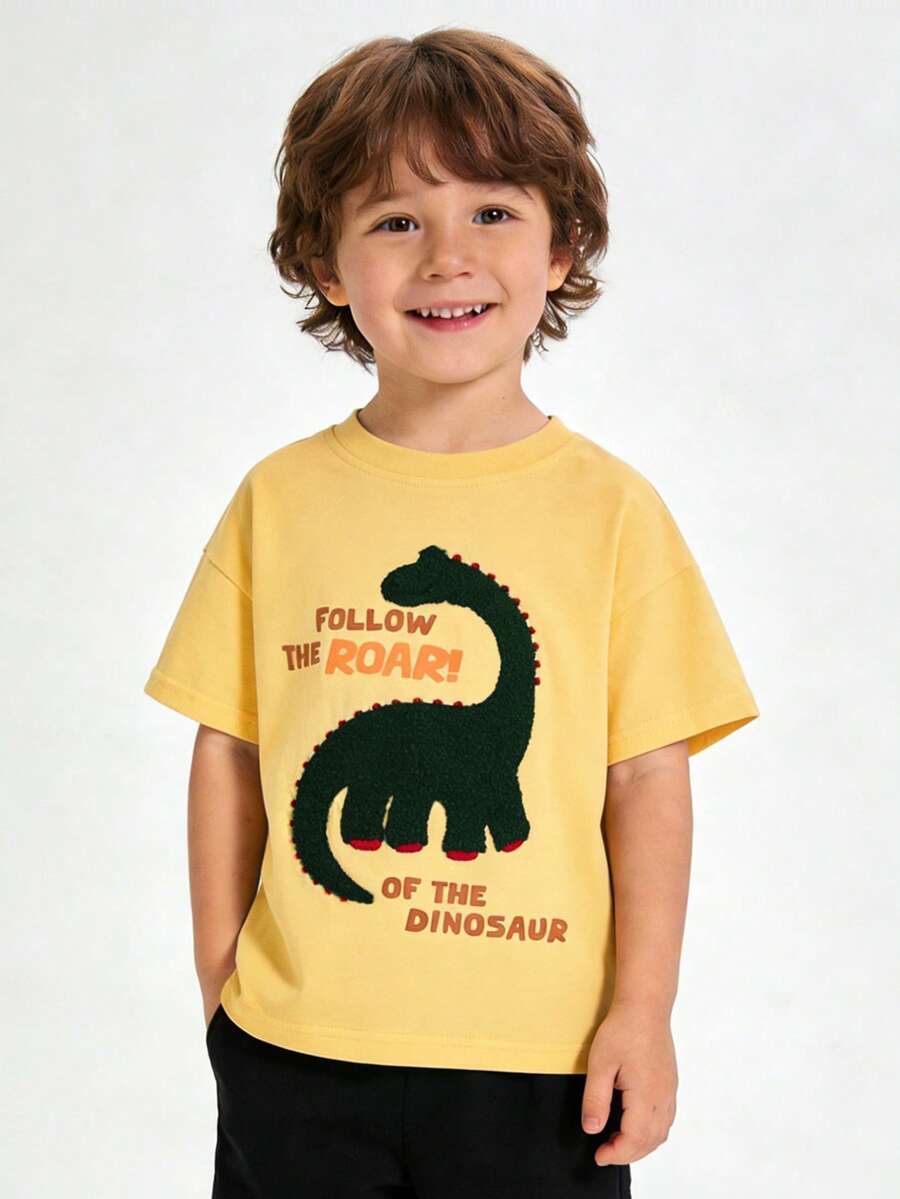 1 chiếc áo thun ngắn tay cổ tròn thêu hình khủng long hoạt hình cho trẻ em, kiểu dáng thời trang mùa xuân/hè. - Màu vàng - Xem 1