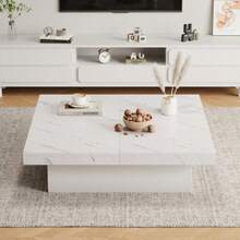 Modern White Square Coffee Table With Marble Look, 90 X 90 X 25 Cm – Four Drawers, Sliding Tabletop, Load Capacity Up To 30 Kg - 白色 - 查看 4