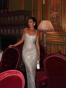 Sequin Spaghetti Strap Bodycon Dress | Sparkling Midi Party Gown | Chic Night Out Dress - 杏色 - 查看 1