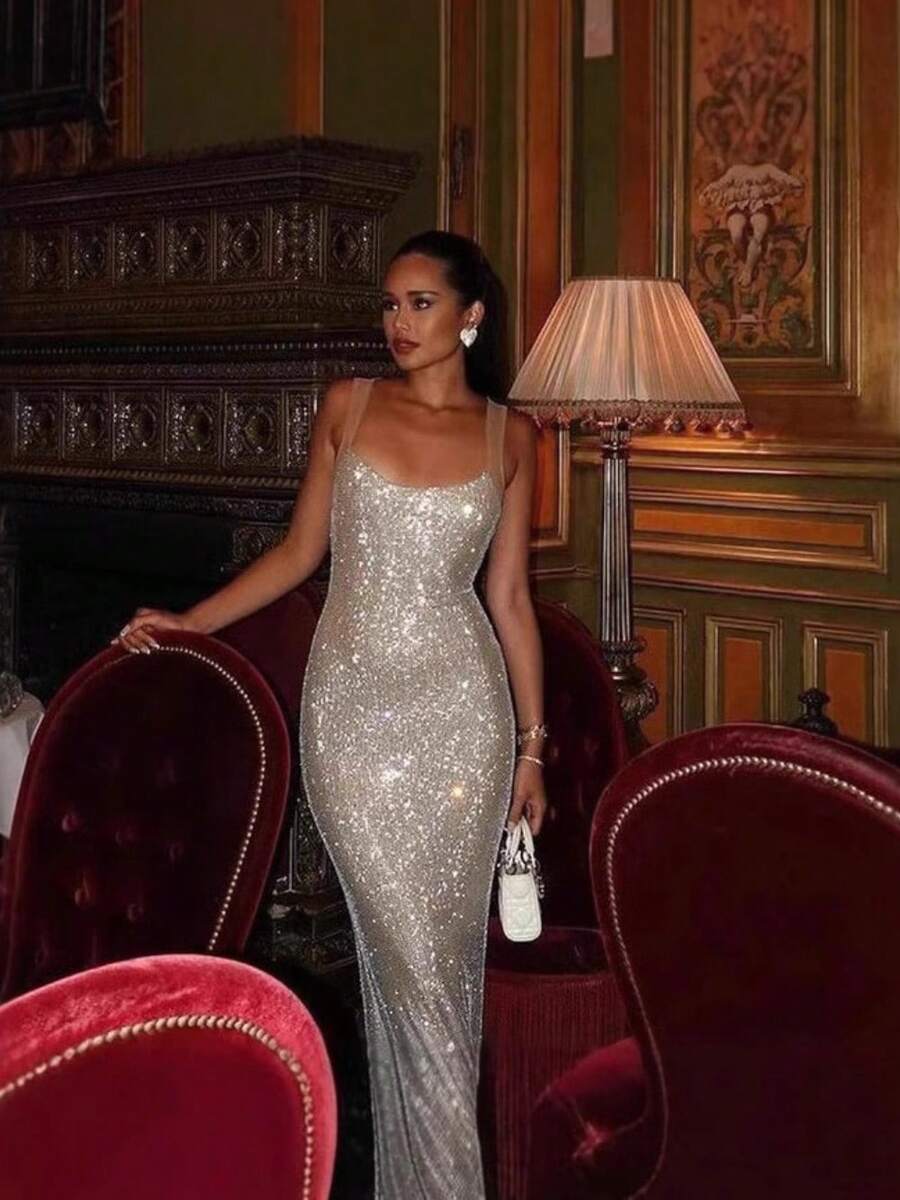 Sequin Spaghetti Strap Bodycon Dress | Sparkling Midi Party Gown | Chic Night Out Dress - 杏色 - 查看 1