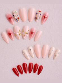 24pcs Short Almond Shaped False Nails, Valentine's Day Red Heart Rhinestone Starry Design, Full Coverage Removable Nail Art Set, Suitable For Women Party, Ball, And Daily Wear