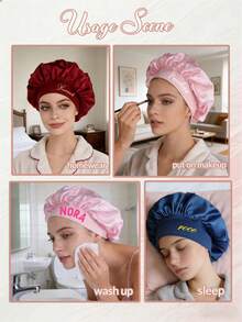 1pc Customized Text Satin Sleep Cap, Women Beauty Hair Care Hat, Postpartum Protection Cap, Bridesmaid Party Supplies, Party Gift - Multicolor - View 3