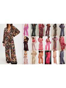 Conjunto de Pijama Floral para Mujer, Camisa de Manga Corta con Lazo y Shorts, Ropa de Dormir y Descanso Diario - Rosa - Ver 10