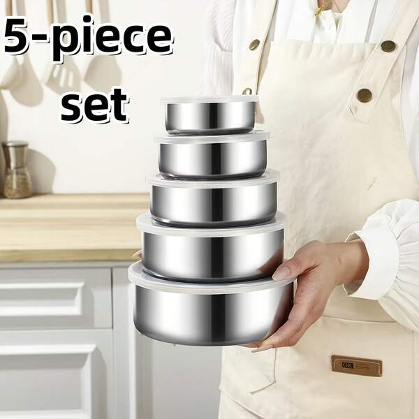 5-Piece Reusable Stainless Steel Outdoor Containers - Circular Sealed Bowl Lids, Ideal For Storing Fruits, Vegetables & Snacks, Great For Picnic Parties & Outdoor Adventures